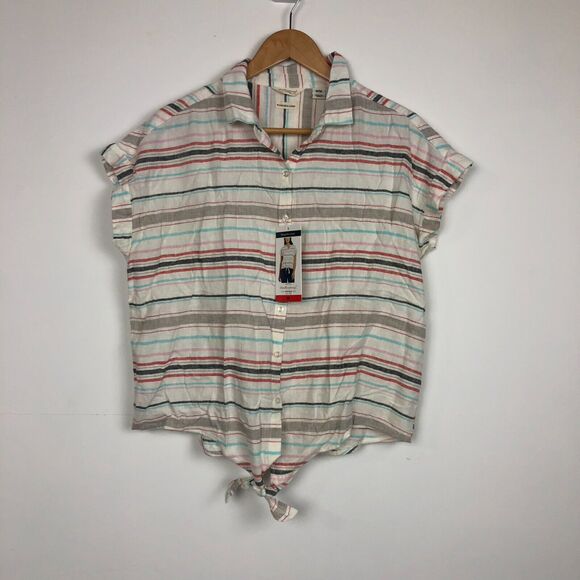 NWT Weatherproof Vintage Women's Tie Front Top Rio Red Button Up Striped Medium - Picture 2 of 7